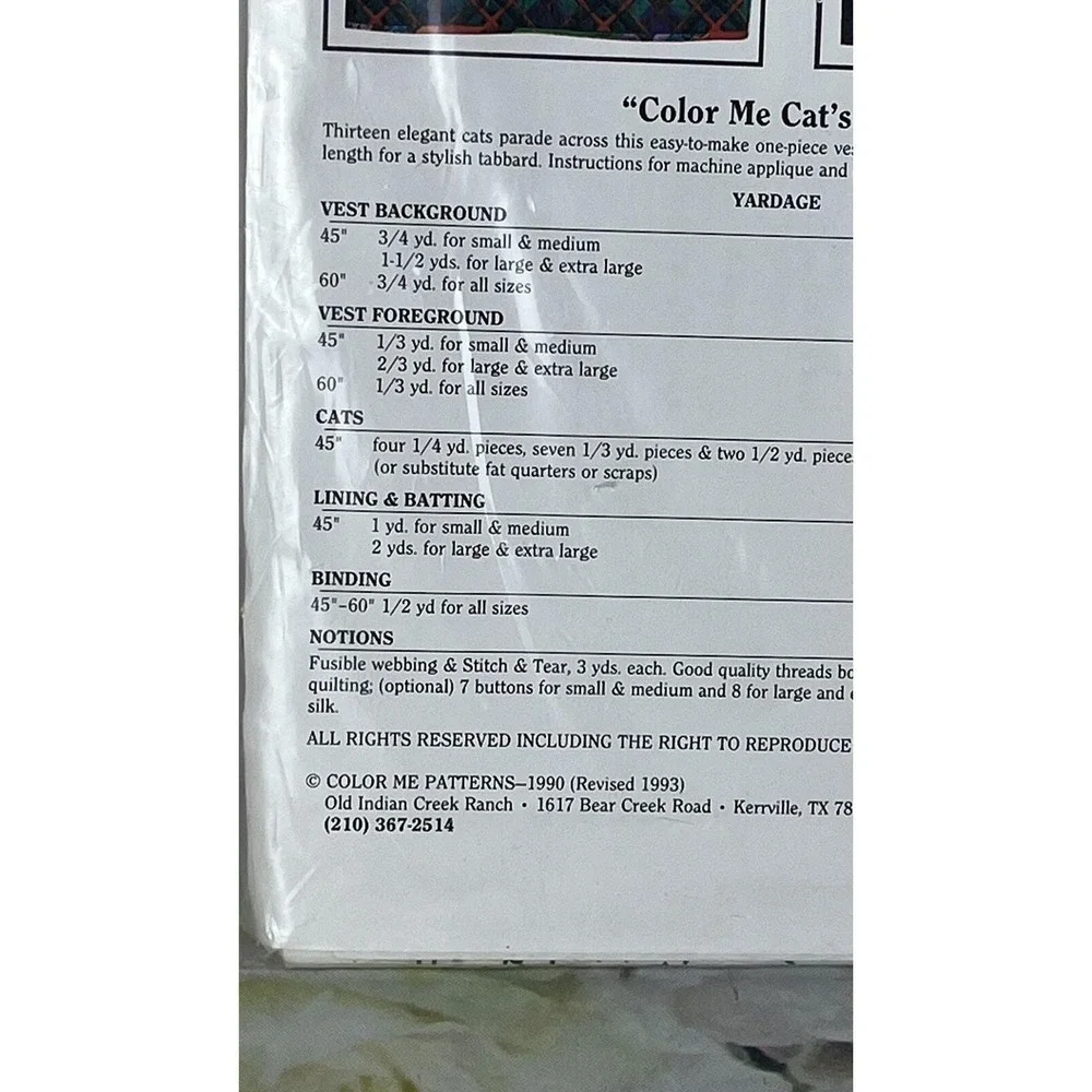 Crazy Cat Lover Vest Pattern 1990-93 Shirley Fowlkes Color Me Cats Lady New #107